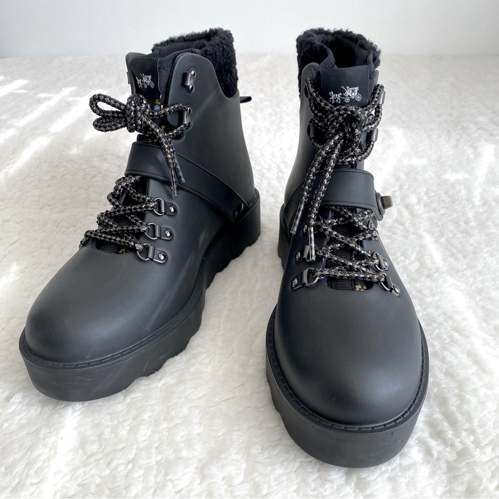 Coach NWOT Womens Urban Hiker Rubber Rain Boot Lace Up, Black, Size 8